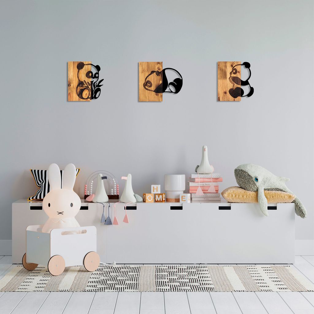 Wallity, Pandas- SKL2322, Schwarz,,Nussbaumfarbe, Sonstige Wohndekorationen, 23 x 3 x 25 cm, 50% Holz (Dicke: 3 cm) / 50% Metall (Dicke: 1 mm)