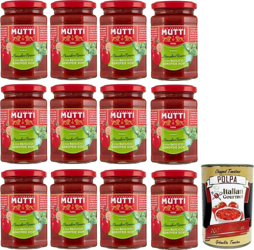 Mutti Sugo Tomatensauce mit Rosso-Tomaten & Basilikum Genovese DOP 12x280 ml – fertige Pastasauce ohne Zuckerzusatz, nur erhitzen & servieren + I...