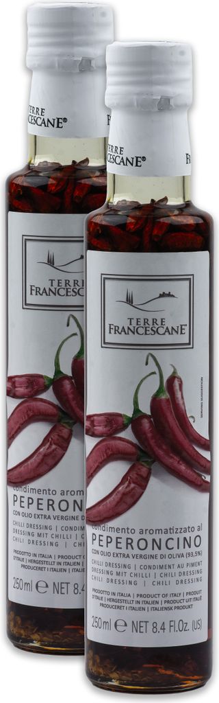 Food-United Chili-Öl 2x 250ml von TERRE FRANCESCANE Extra Natives Olivenöl mit Chili-Schoten Premium-Dressing-Öl aus Italien für Feinschmecker-...