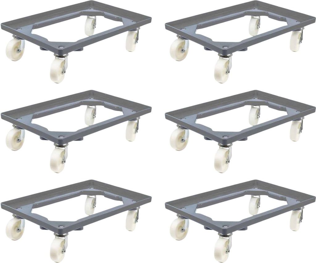SparSet 6x Transportroller für Euroboxen 60x40cm mit Kunststoffräder grau | Offenes Deck | 2 Lenkrollen & 2 Bremsrollen | Traglast 300kg | Kisten...