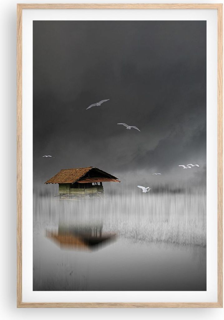 Gerahmtes Poster - Rahmen in heller Eiche - Hütte Nebel Sumpf - 61x91,5 cm - Wand Bild - Wanddeko - Wandbilder - Kunstposter - Wandposter - Bilder...