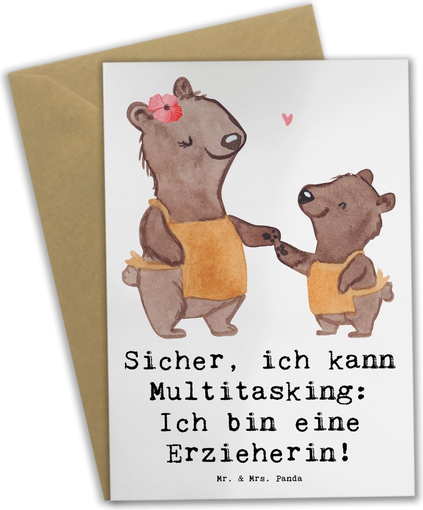 Mr. & Mrs. Panda Grußkarte Erzieherin Multitasking - Weiß - Geschenk, einladungskarten, genesungskarte, vatertagskarte, Fantasie, Singen, Beruf, ...