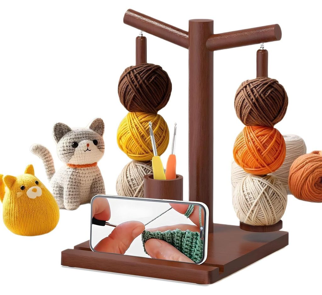 Wollabwickler, Yarn Holder für Häkel Stricken, 2-Spindles Magnetic Wooden Yarn Spinner mit Crochet Storage Phone Stand, Geschenk für Stricker H...