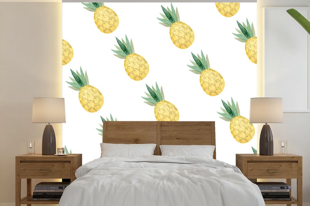 MuchoWow Fototapete für Wohnzimmer oder Schlafzimmer Wandtapete Vinyl Motivtapete Ananas - Obst - Schablonen - 280x280 cm - Hintergrundbild