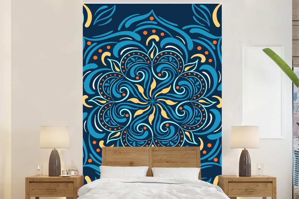 MuchoWow Fototapete für Wohnzimmer oder Schlafzimmer Wandtapete Vinyl Motivtapete Blume - Gelb - Blau - Muster - 160x240 cm - Vinyltapete