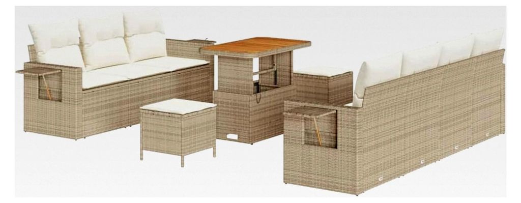 10-teiliges Garten-Sofa-Set mit Kissen in Beige aus Poly-Rattan und Akazie für den Außenbereich