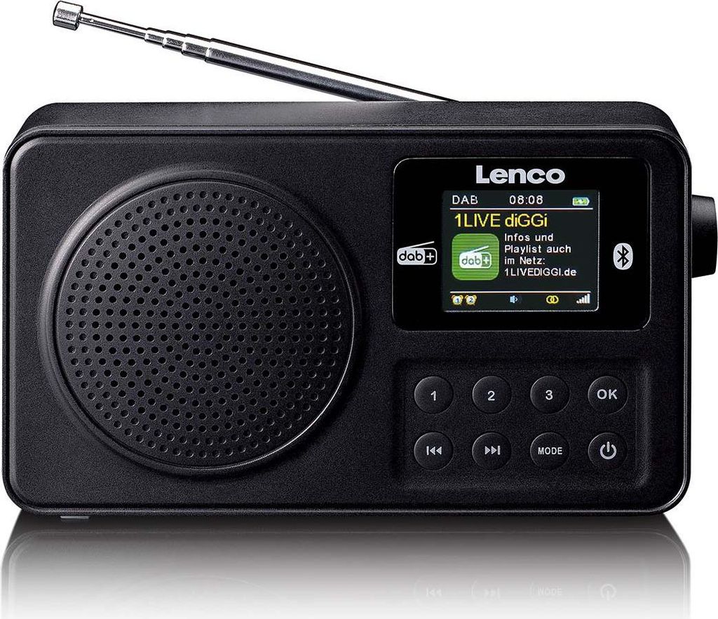 A black Lenco portable DAB+/FM radio with Bluetooth is shown against a white background.