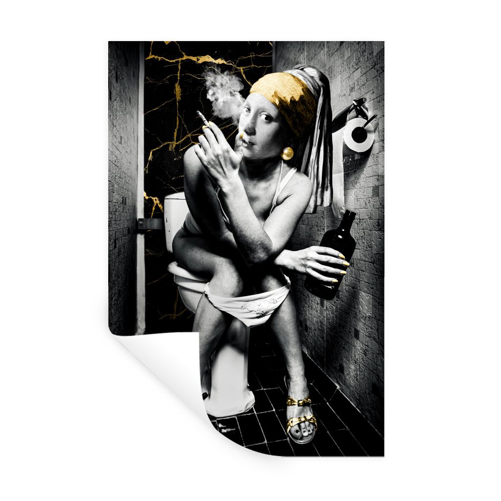 MuchoWow Wandtattoo Wandsticker Wandaufkleber Marmoroptik - Mädchen mit Perlenohrring - Zigaretten - Toilette - Gold - Kunst - Alte Meister 80x1...