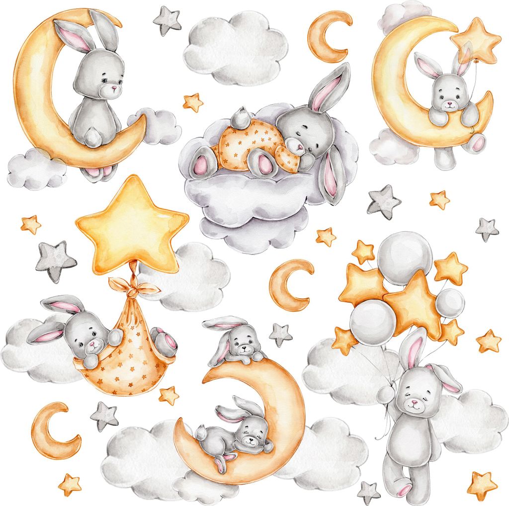 Muralo Wandaufkleber Set für Kinder KANINCHEN Wolken Sterne Monde 60x30 cm Wandsticker Set