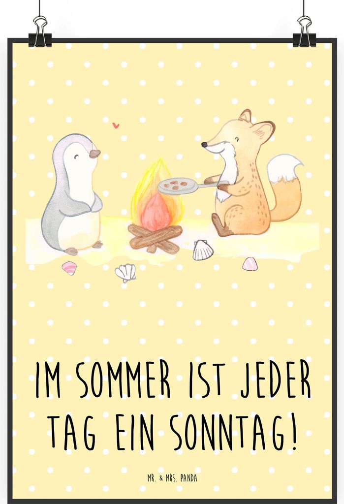 Mr. & Mrs. Panda Bild Sommer Sonntag DIN A2 - Gelb Pastell - Geschenk, Summer Vibes, Strand, Wanddekoration, Frühling, drucke, Sommerferien, wandd...