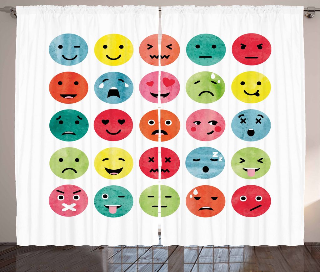 ABAKUHAUS emoji Rustikaler Gardine, Abstrakt Aquarell Gesichter, Schlafzimmer Kräuselband Vorhang mit Schlaufen und Haken, 280 x 175 cm, Mehrfarbig