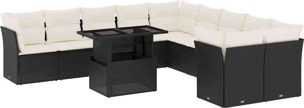 vidaXL 11-tlg. Garten-Sofagarnitur mit Kissen Schwarz Poly Rattan