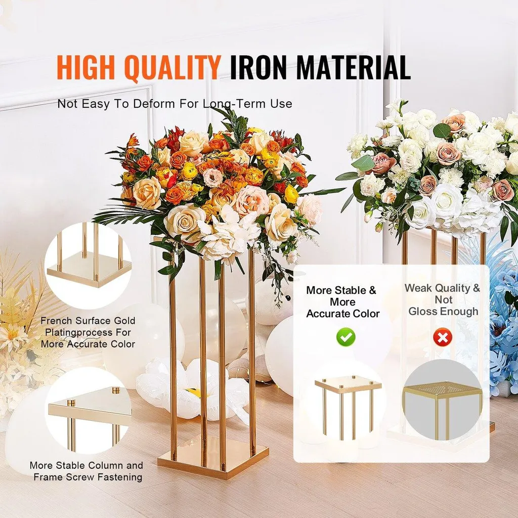 4 Supports de fleurs mariage dorés 80cm colonnes géométriques métal