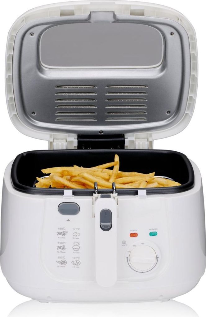 alpina Fritteuse mit 2,5L - Fritteuse mit regelbarem Thermostat - Sichtfenster & abnehmbarem Korb - 1800W - Klappbarer Griff - Weiß