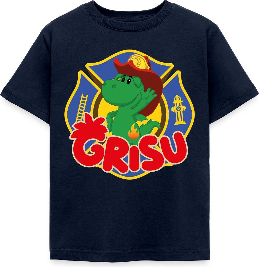 Spreadshirt Grisu Der Kleine Drache Als Feuerwehrsymbol Kinder T-Shirt, 98/104 (3-4 Jahre), Navy