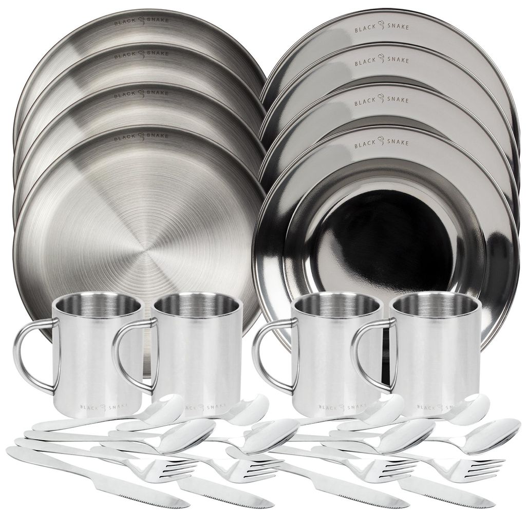 Camping Geschirr Set Edelstahl 4 Personen Teller Tassen Produktbild 