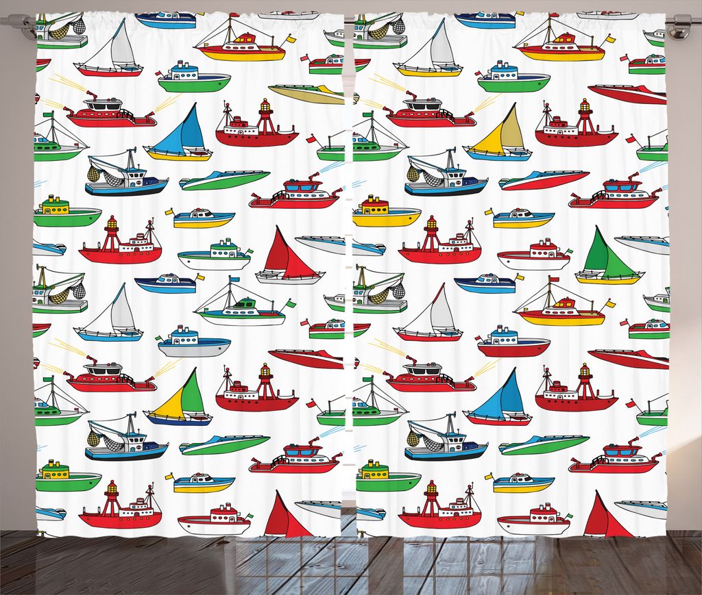 ABAKUHAUS Kind Rustikaler Vorhang, Cartoon Fischerboote, Wohnzimmer Universalband Gardinen mit Schlaufen und Haken, 280 x 225 cm, Mehrfarbig
