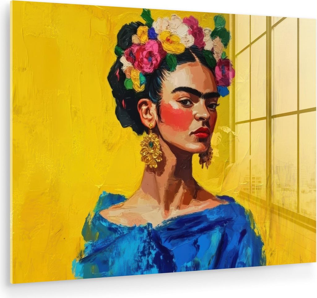 MuchoWow Glasbilder - Bilder auf Wandbild - Foto auf Glas Frida Kahlo - Frau - Gelb - Blau - Blumen 80x60 cm Wanddekoration aus Glas - Acrylglasbil...