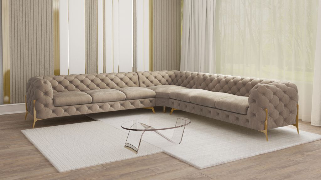 S-STYLE MÖBEL - Chesterfield Ecksofa Nova mit Goldene Metall Füßen aus Dunkle Creme Samtstoff, B/T/H: 323 cm/ 323 cm/ 75 cm