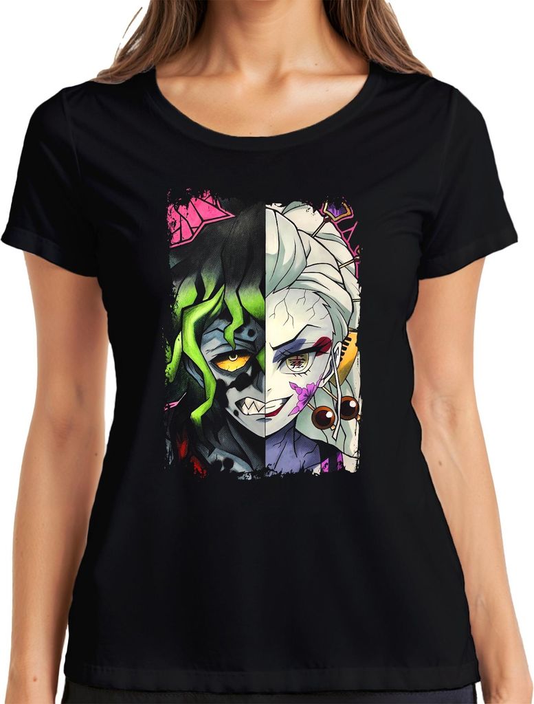 Dämon Oni Halbgesicht Anime Manga Gothic Grunge Maske Y2K Japan Damen T-Shirt, Schwarz, 3XL