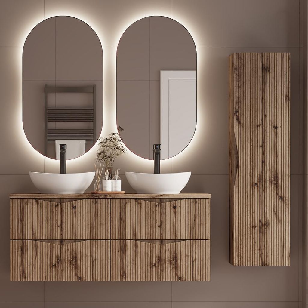 Badmöbel-Set 4-teilig mit 120 cm Doppelwaschtisch & 2 LED-Spiegeln in Eiche mit gerillter Front - CALURI-140