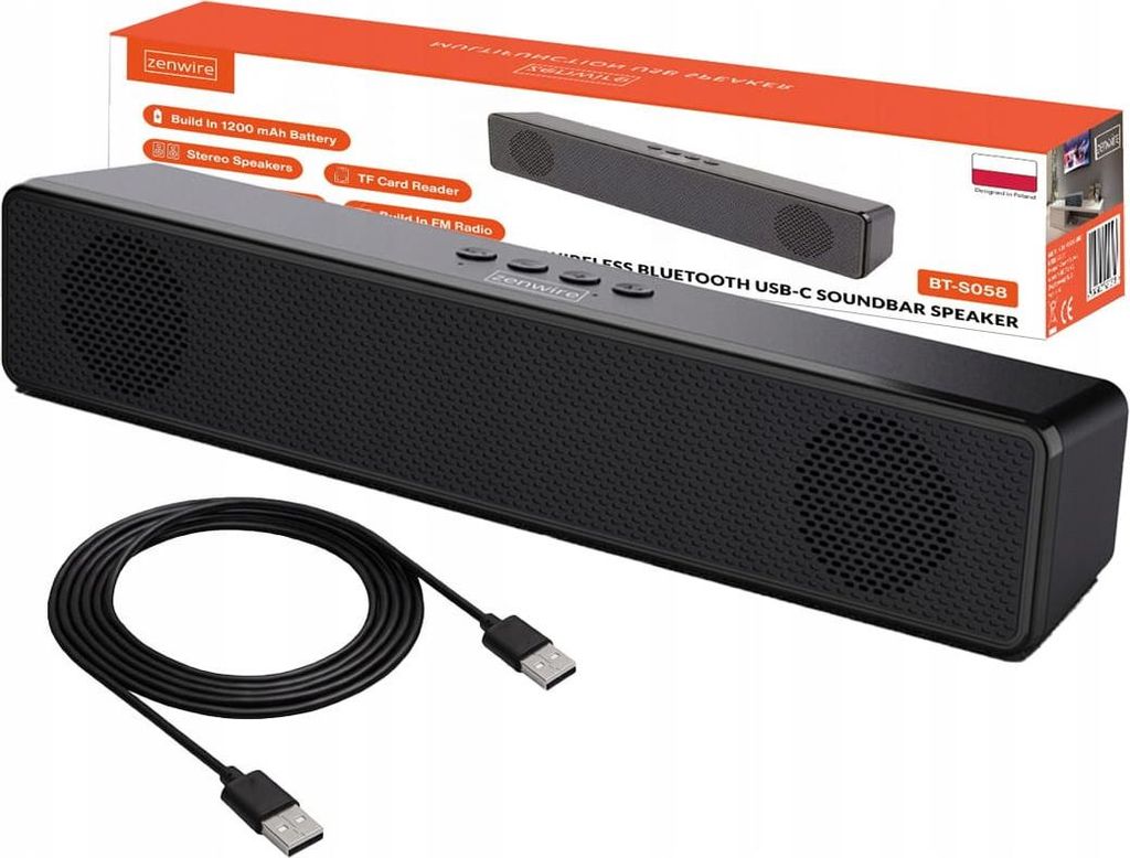 A black soundbar speaker with a USB-C cable in front of its packaging.