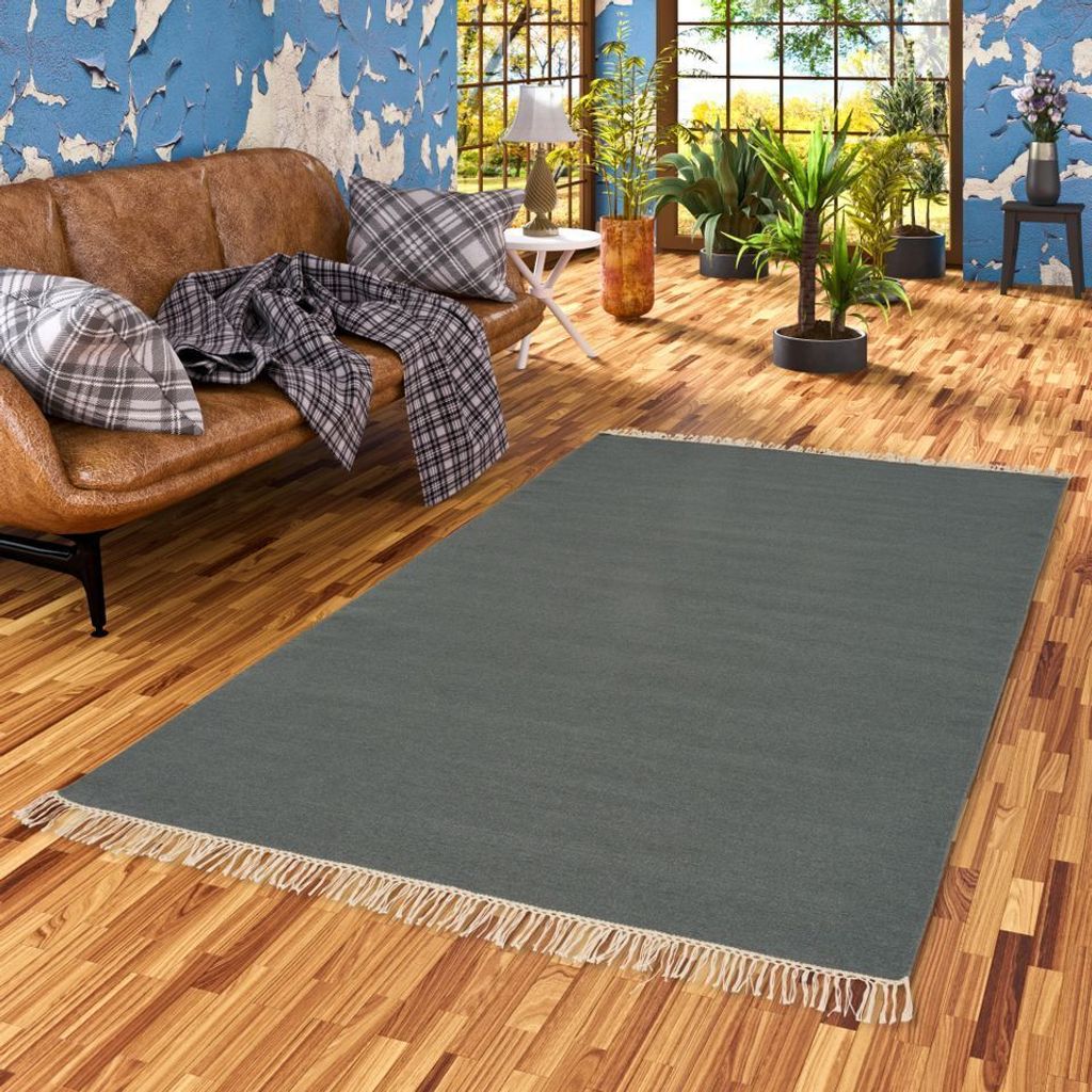 Wolle Natur Teppich Kelim Mila Blau Grau, Größe:160x230 cm