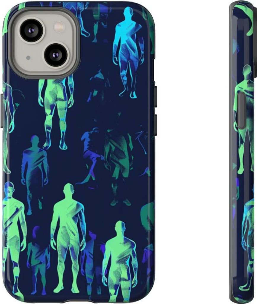 Dynamisches Neonfiguren-Muster in Blau und Grün – Hülle Kompatibel mit iPhone 14