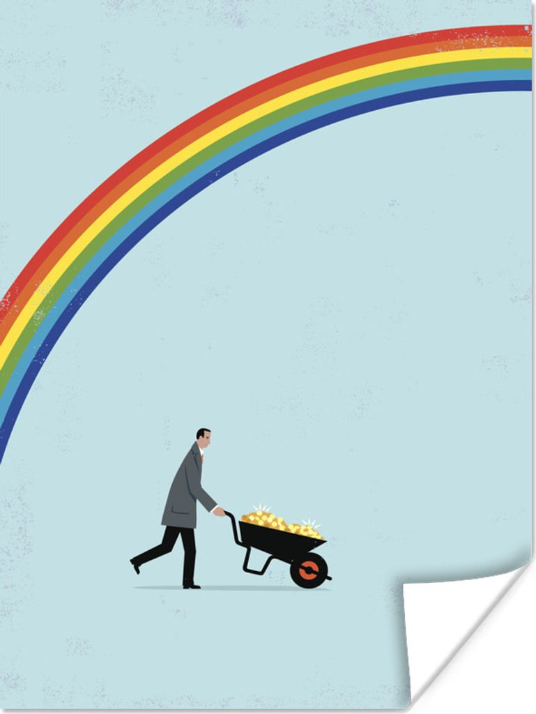MuchoWow Poster Eine Illustration eines Mannes mit einer Schubkarre unter dem Regenbogen 30x40 cm - Wandplakat - Poster Kinderzimmer