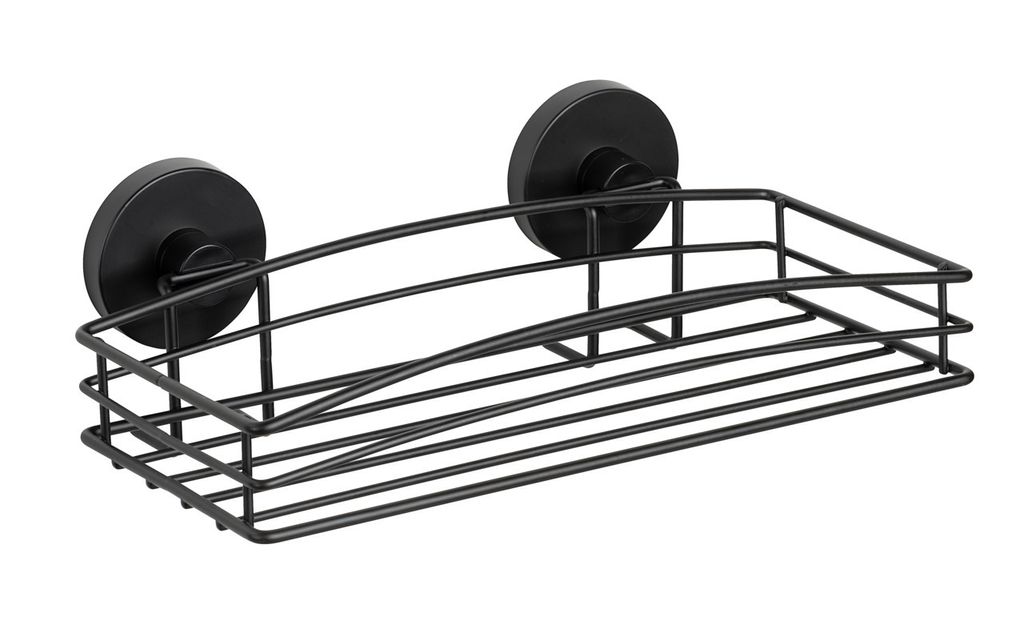 A black wire shower caddy with two suction cups for mounting.