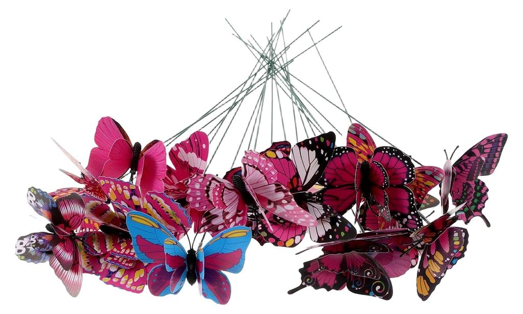 20 Stück Gartenstecker Schmetterling Doppelschicht Erdanker Pink Künstliche Schmetterlingsdekoration für Blumentöpfe und Gartenpartys im Frühling