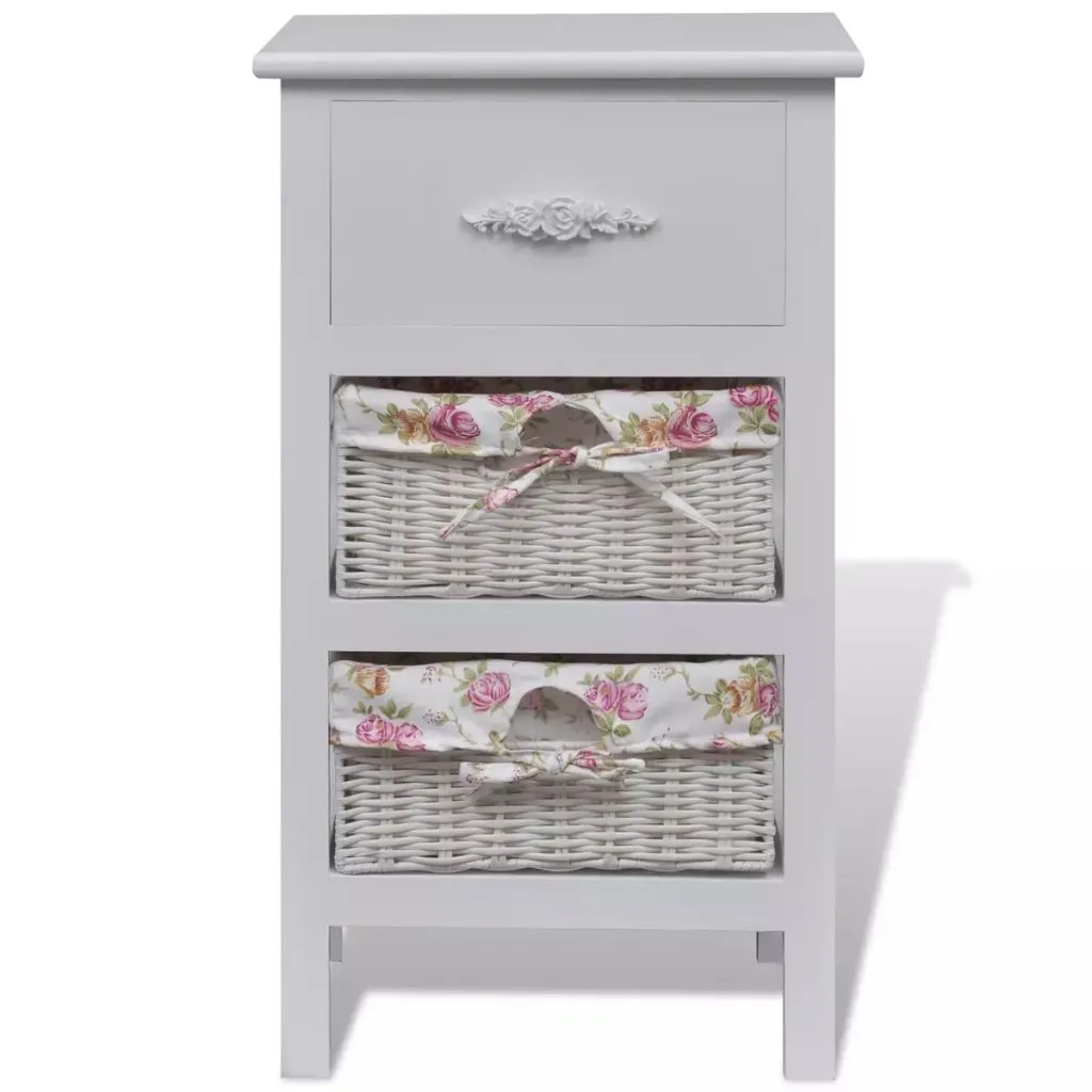 Chiffonnier blanc en bois massif paulownia avec 2 paniers de rangement chic