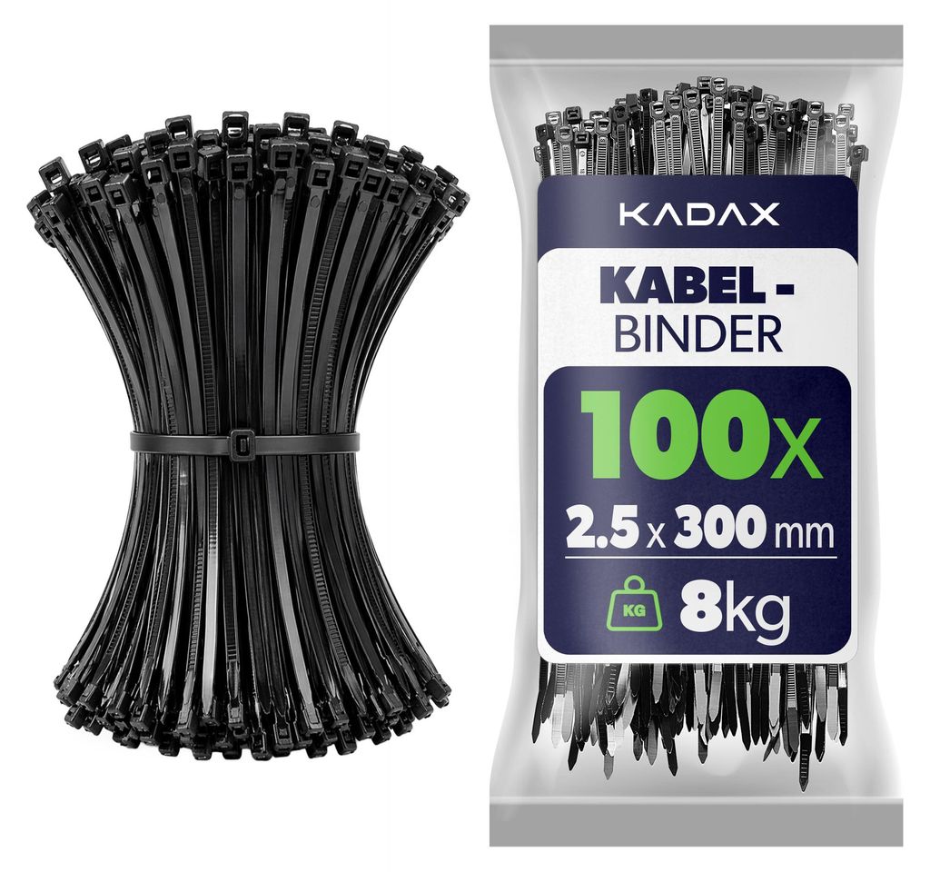 KADAX Kabelbinder 300mm x 2.5mm Schwarz - 100er Set, Nylon Kabel Binder mit 8kg Zugkraft für sicheres Kabelmanagement im Haushalt, Garten, Werksta...