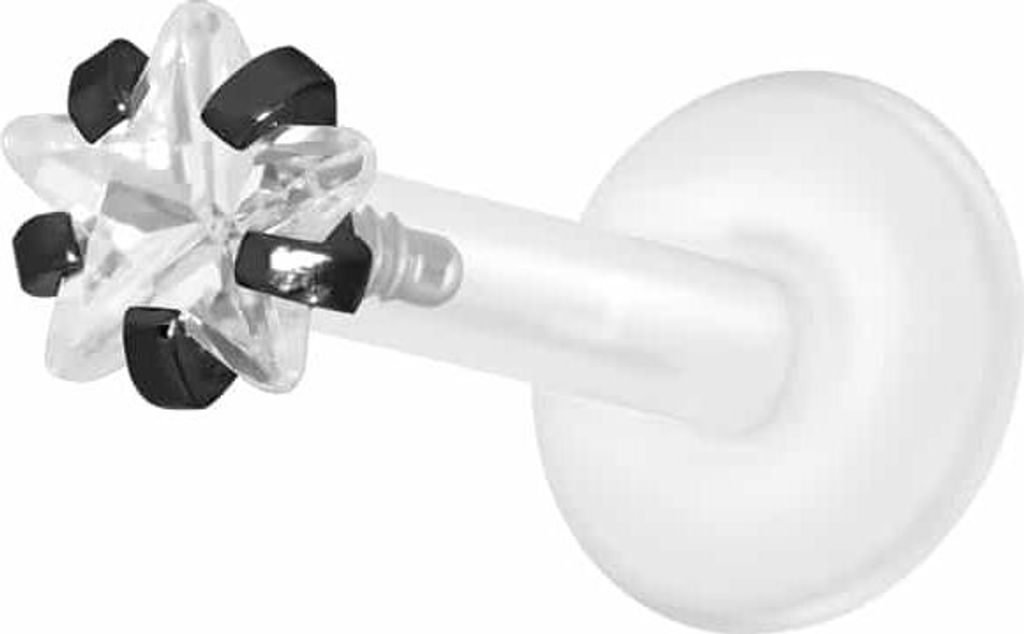 Ohrpiercing, Nasenpiercing PTFE Labret mit Innengewinde + Titan-Aufsatz EINGEFASSTER KRISTALLSTERN Schwarz Stablänge: 7mm | Stabstärke: 1,2mm
