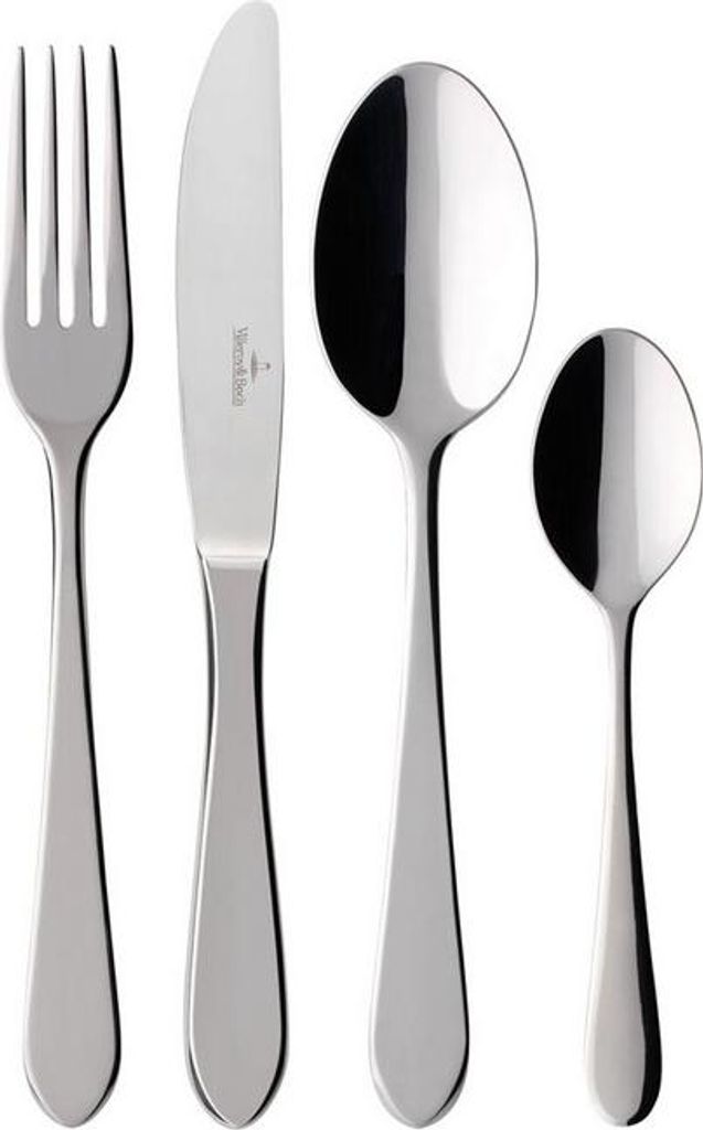 A set of four stainless steel cutlery items: a fork, a knife, a large spoon, and a small spoon, arranged vertically on a white background.