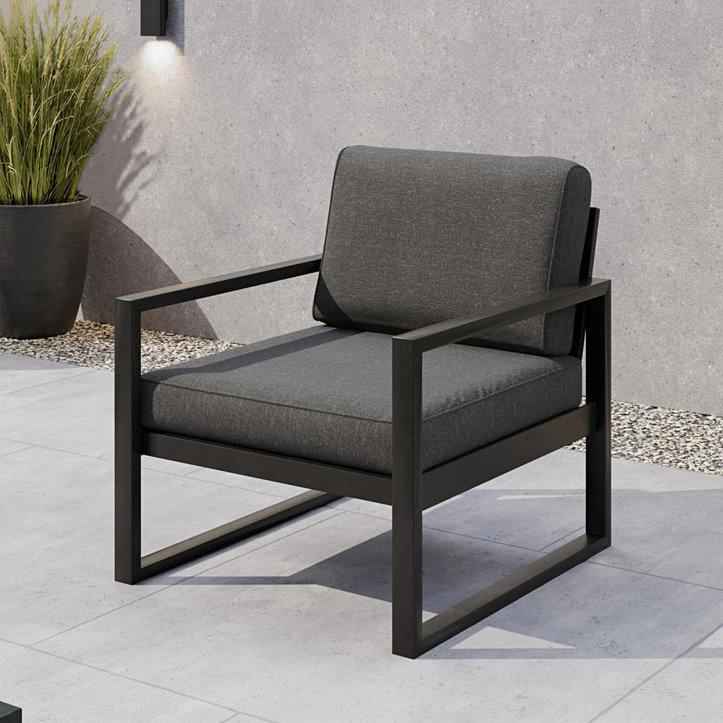 BEAUTYSOFA | Gartensessel STELLA, Gartenmöbel Hocker Balkon Terrasse Lounge Sessel Wasserabweisend Stoff Dunkelgrau