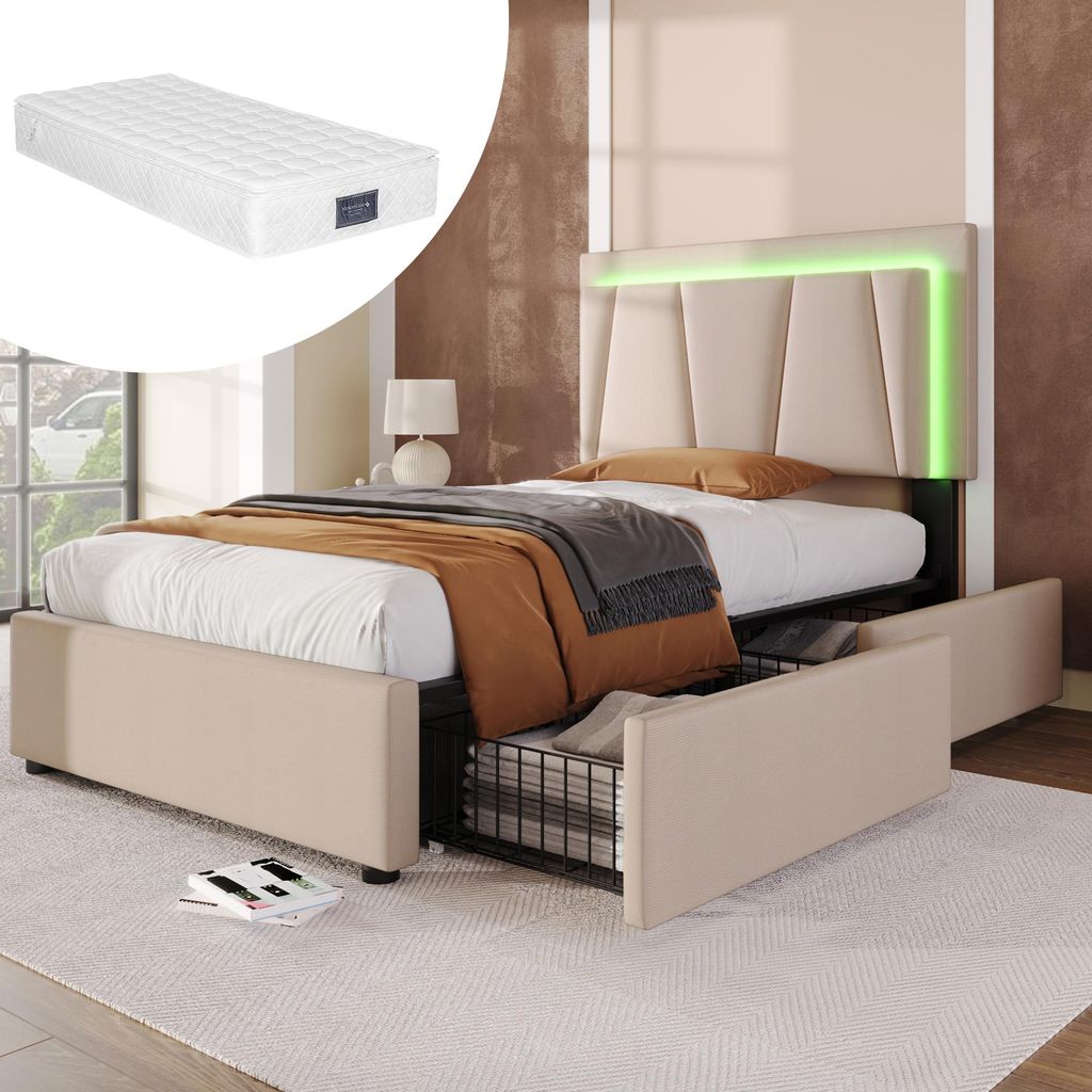 Polsterbett 90x200 cm mit LED-Beleuchtung & 2 Schubladen – Einzelbett in Beige, höhenverstellbares Kopfteil, inkl. Lattenrost & Matratze