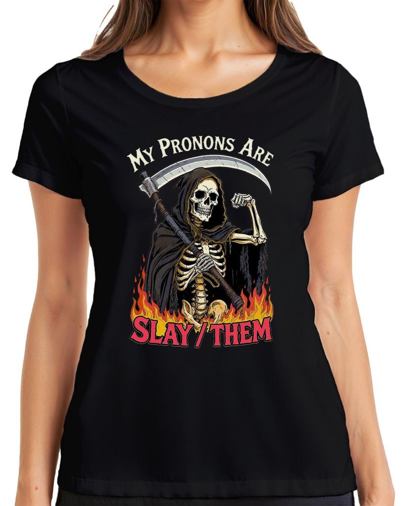 My Pronons Are Slay Them Reaper Skelett Sense Feuer Queer Pride Damen T-Shirt, Schwarz, 3XL