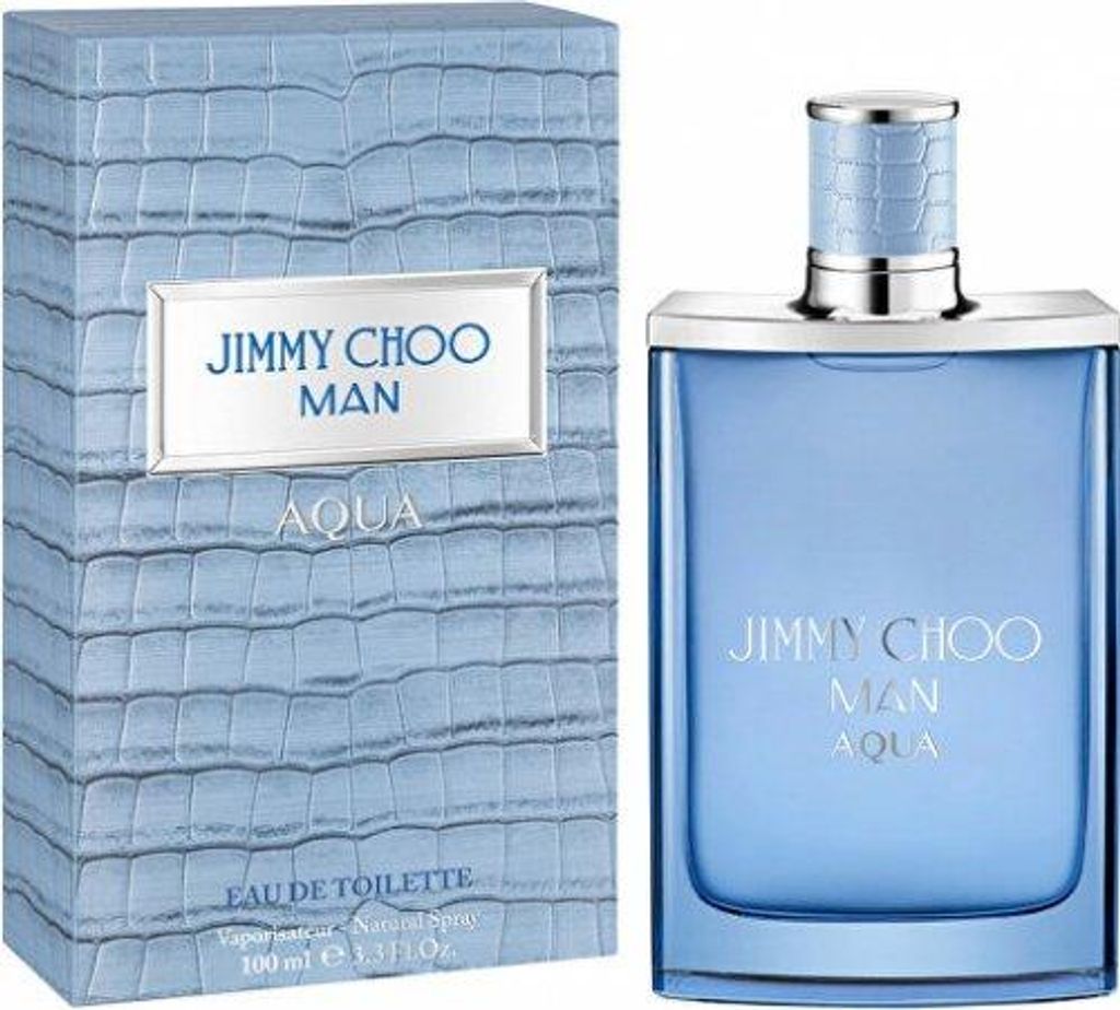 A bottle of Jimmy Choo Man Aqua Eau de Toilette and its packaging are displayed against a white background.