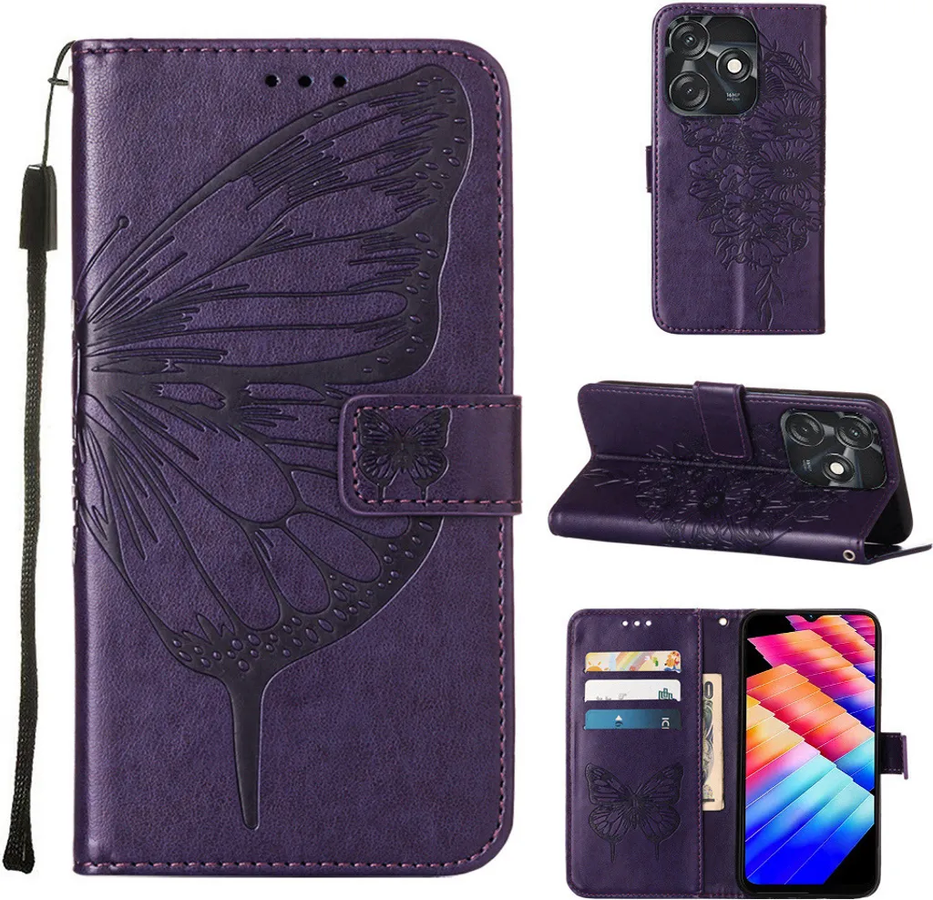 Cover Tecno Spark 10C Wallet - Viola Farfalla Rilievo Anti-Urto