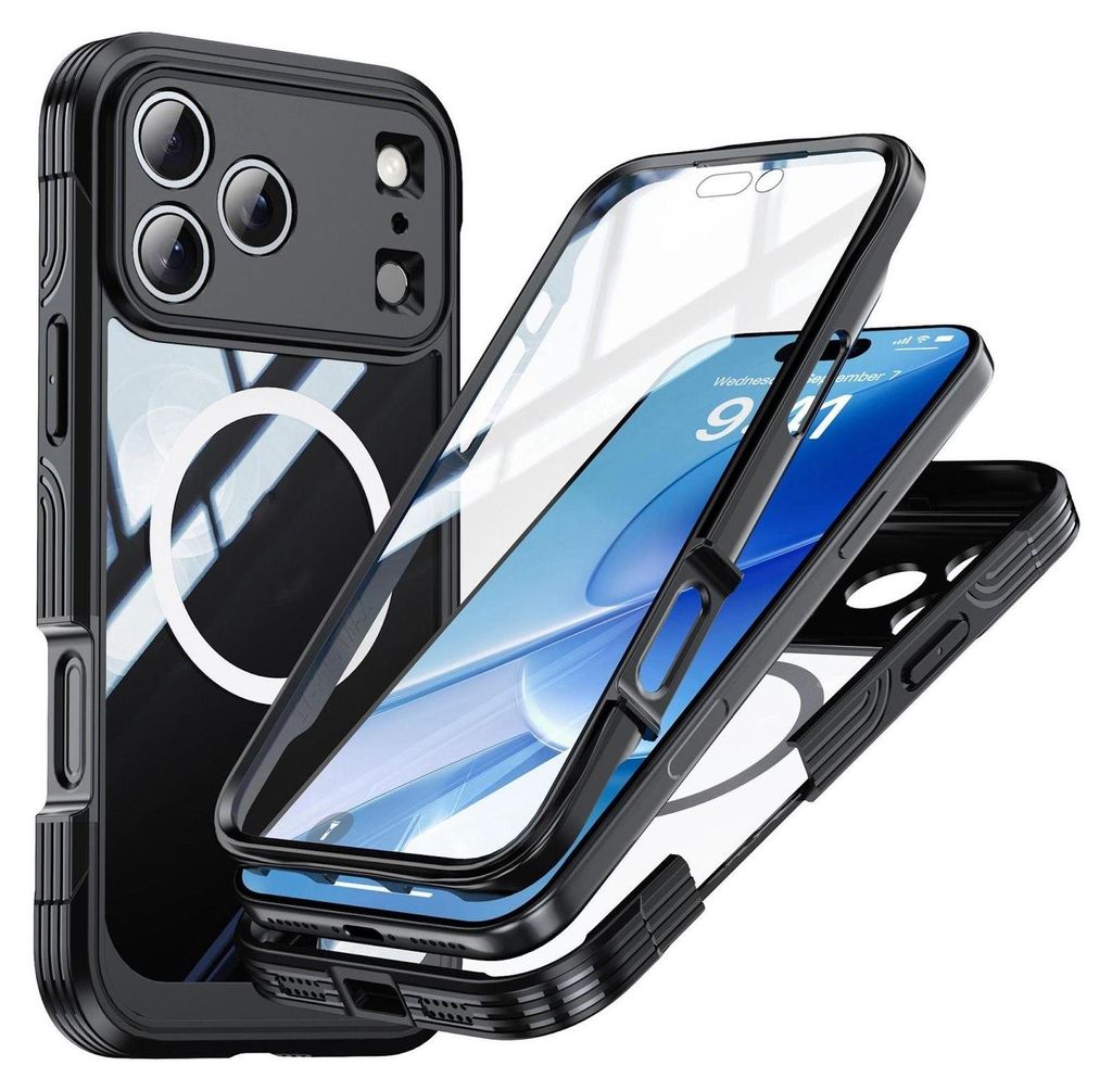 A disassembled iPhone case with a phone inside, shown against a white background.