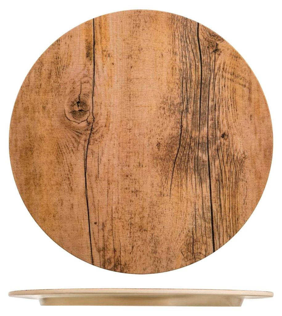 Piatto In Melamina Tondo Decoro Legno Cm28