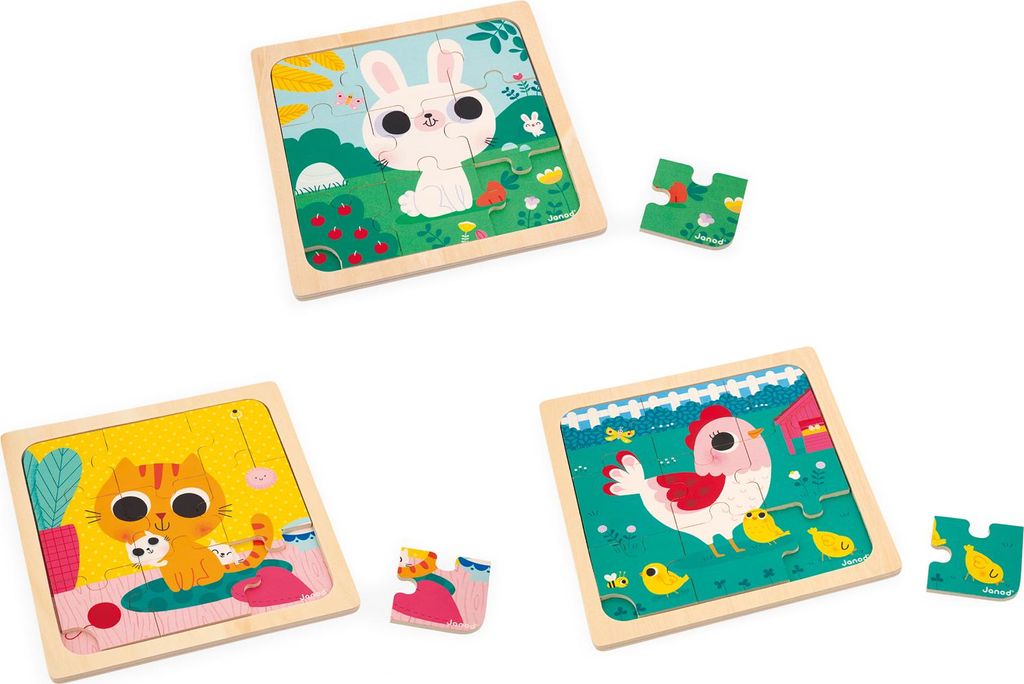 Janod Puzzle Set - Holz Tierpuzzles - 3 Puzzles mit 9 Teilen