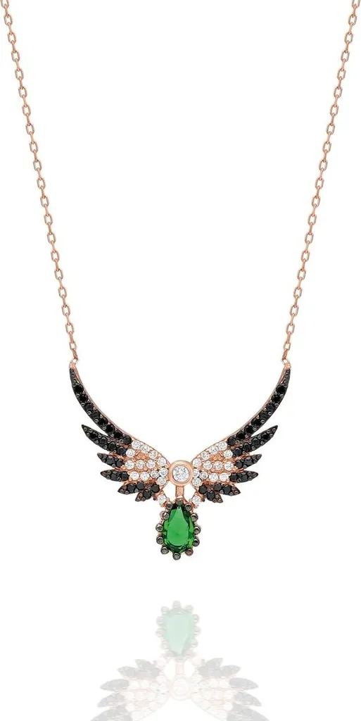 Collier en argent pendentif aile de zircone verte et ornements noirs