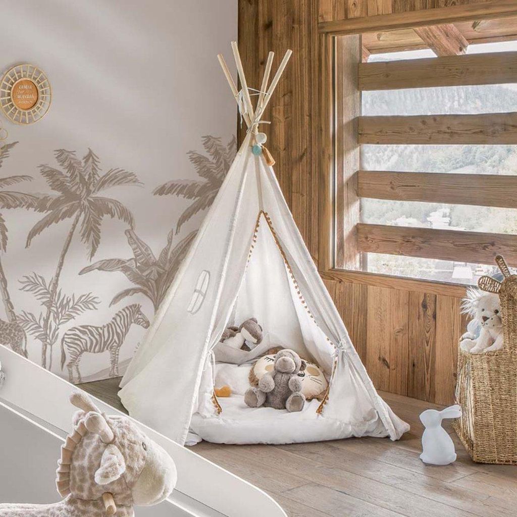 Tipi Spielzelt Laurentine – Kinderzelt aus Polyester – Mit Pompons, Tür & Fenster – Aufbewahrungsbeutel inklusive – Weiß