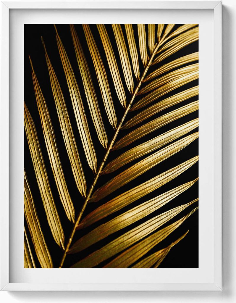 Blatt in goldenem Glamour– Wandbild mit Rahmen – Gerahmtes Bild – Wanddekoration – 60x80 cm – Weiß Rahmen