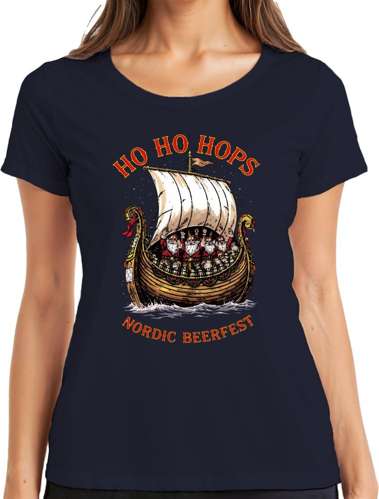 Nordic Beerfest HO HO HOPS Wikingerschiff Weihnachtsmann Damen T-Shirt, Navy, M
