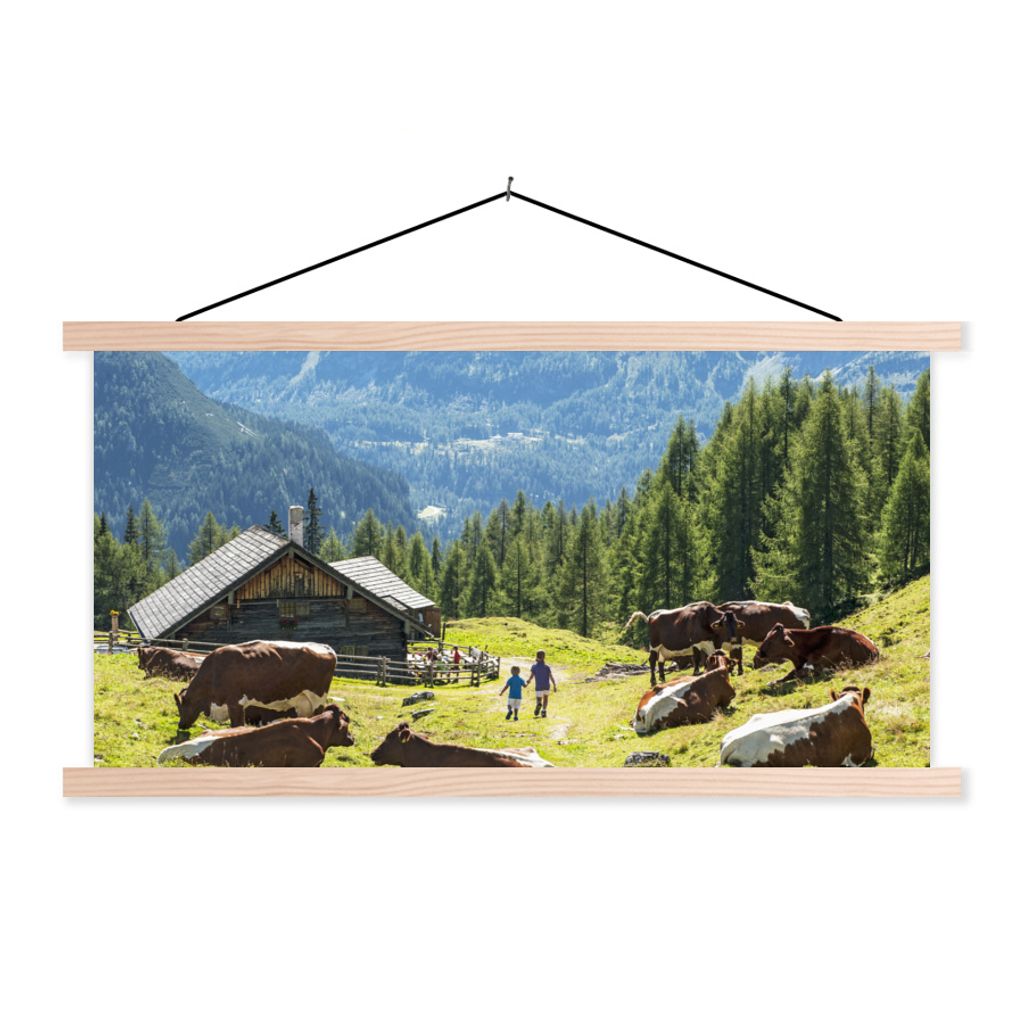 MuchoWow Textilposter Bauernhaus in den Bergen von Österreich 60x30 cm mit holzfarbenen Rahmen - Dekoration