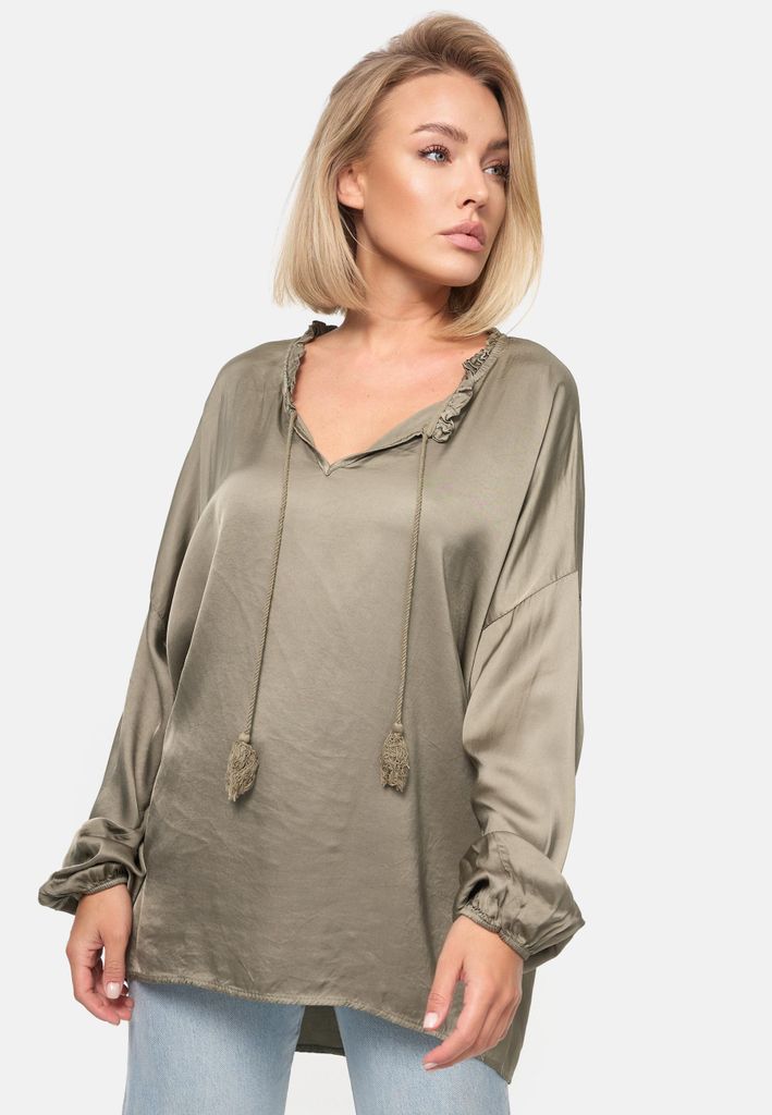 Rayshyne Romantische Damen Satin Bluse mit Rüschenkragen V-Ausschnitt Business Damenbluse mit Seide Anteil Olive Einheitsgröße Gr. 34 - 38 PM06