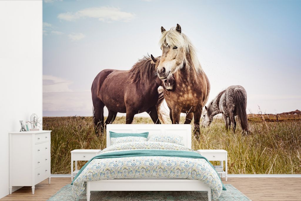 MuchoWow Fototapete für Wohnzimmer oder Schlafzimmer Wandtapete Vinyl Motivtapete Pferde - Gras - Frühling - 420x280 cm - Zimmer für Kinder